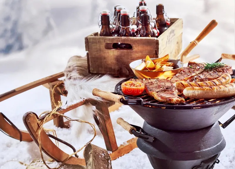 barbecue sous la neige en hiver